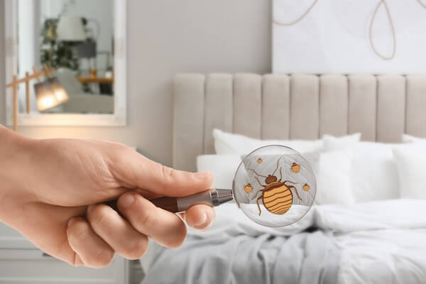 Woman with magnifying glass detecting bed bugs in bedroom, closeup
